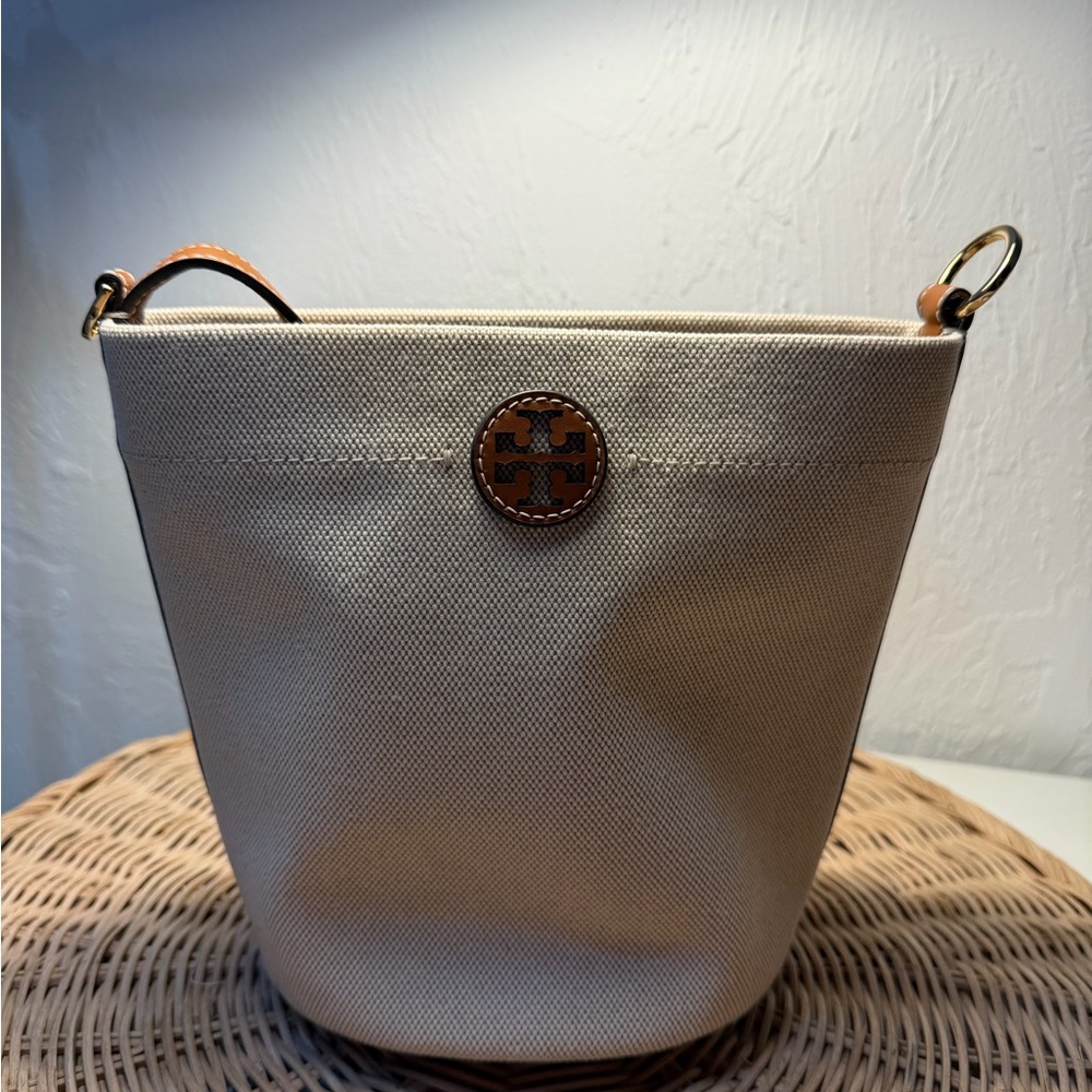 Tory Burch Cream Canvas Bucket Bag with Tan Leather Trim